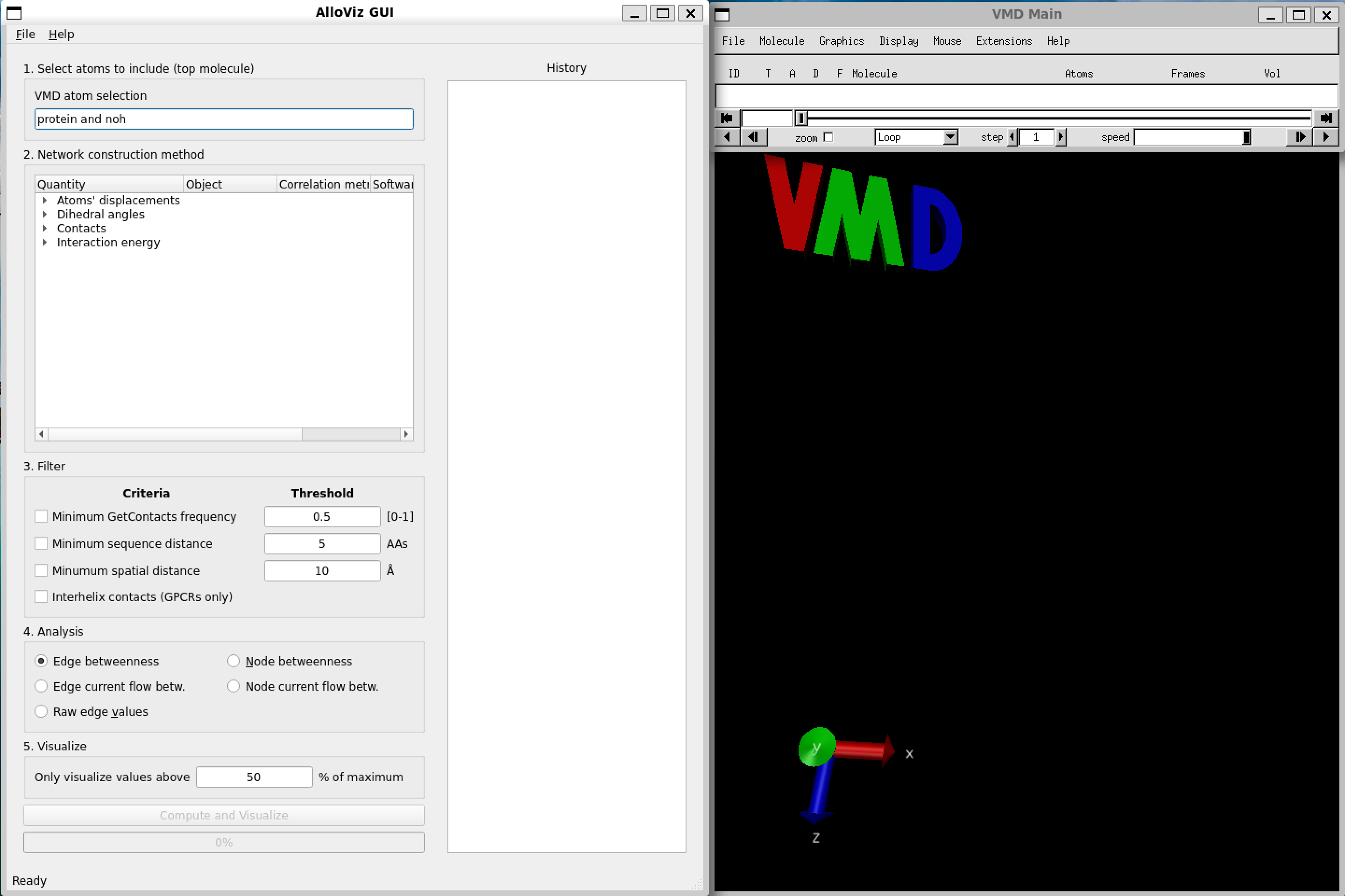 Screenshot of AlloViz GUI upon launching, showing the two canonical VMD windows on the right and a third window on the left half with the AlloViz GUI options for network calculation and analysis.