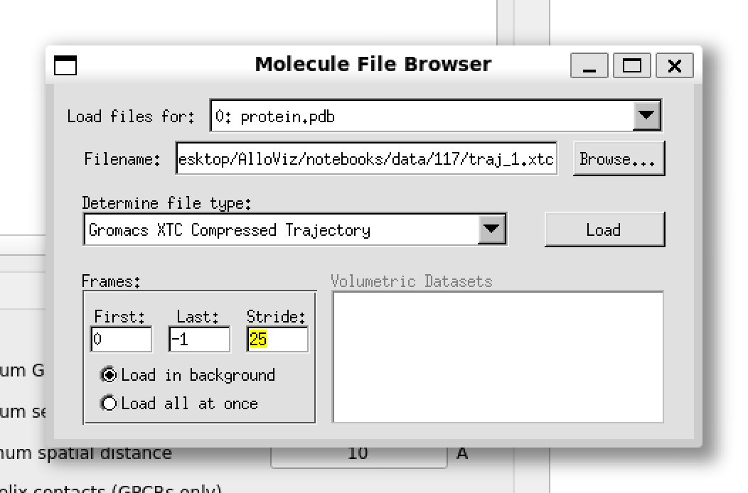 VMD Molecule file browser window showing the trajectory file to be loaded into the previously loaded molecule entity.