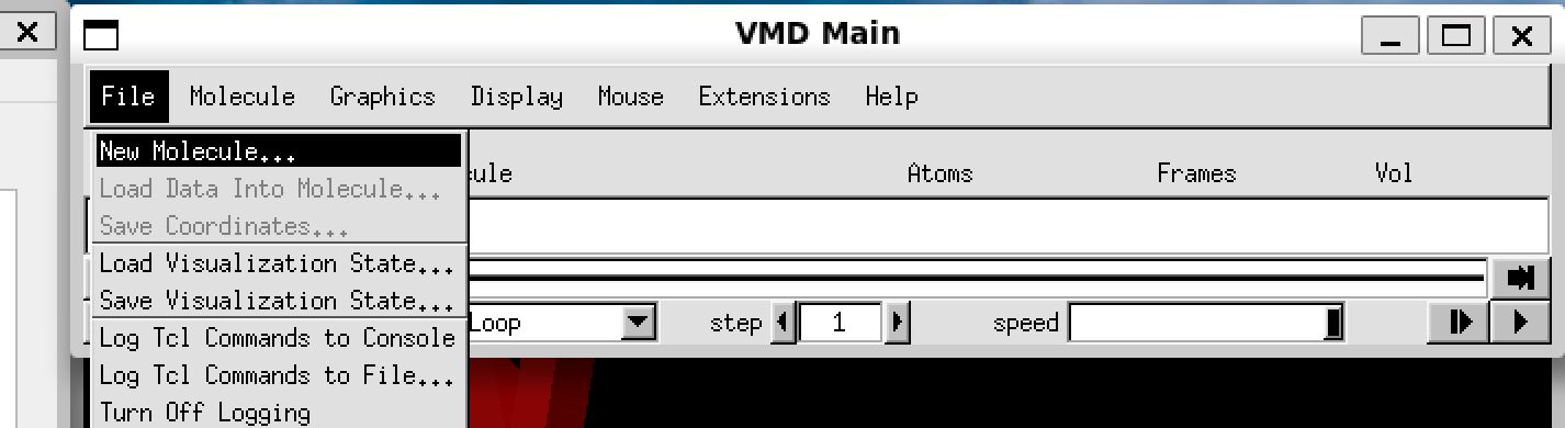 VMD Main window with the File menu options displayed and "New molecule" option highlighted.